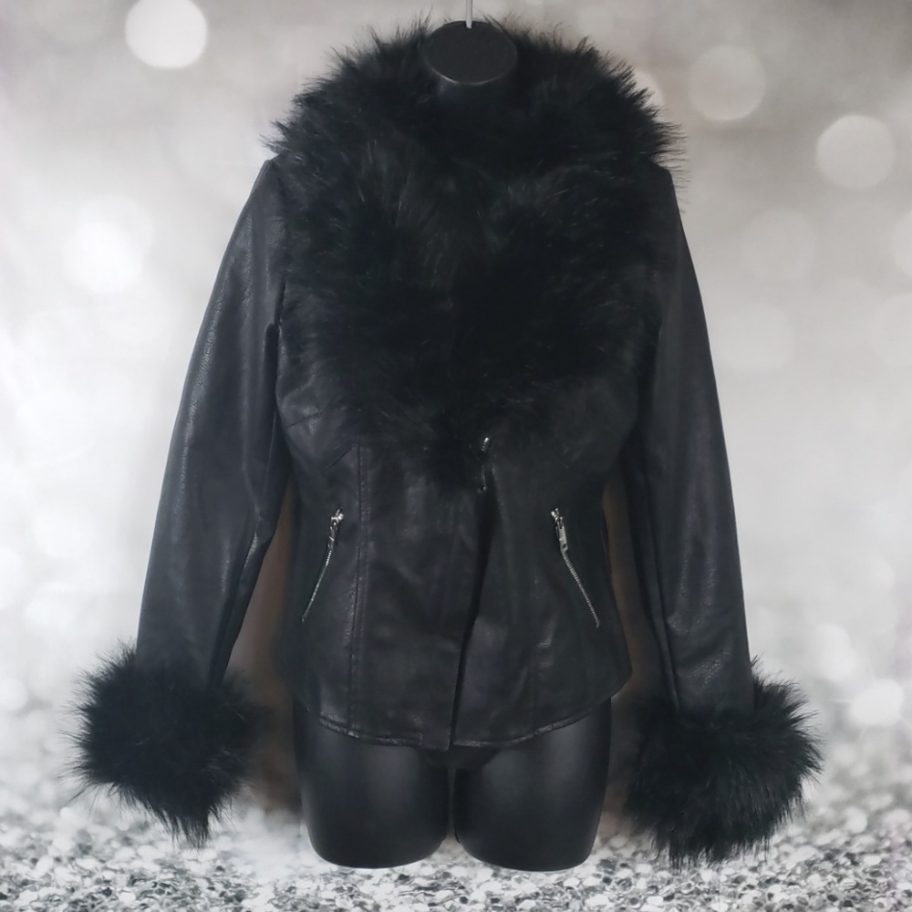 Black Faux Fur Faux Leather Jacket - Picture 3 of 6